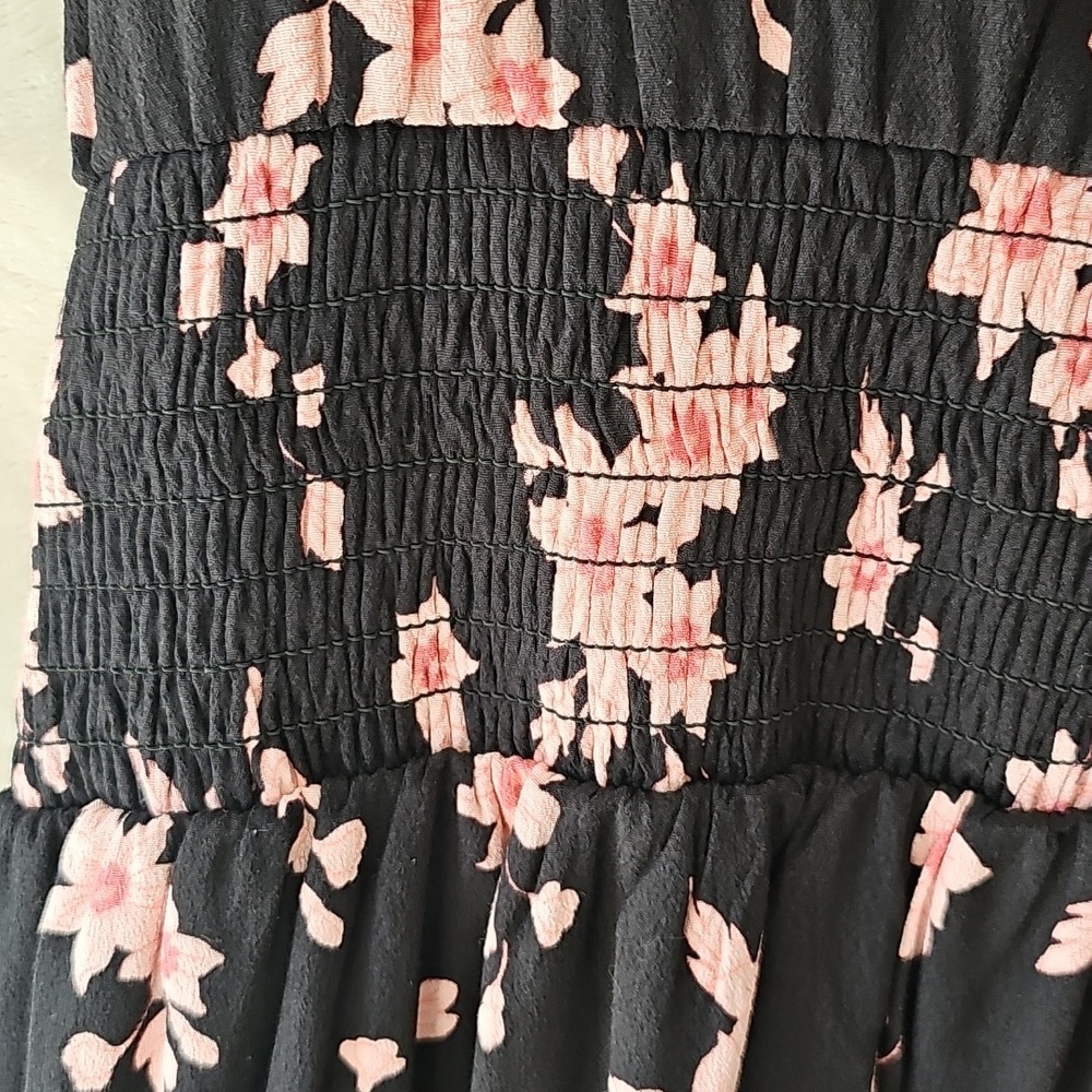 Loft Black Pink Floral Sleeveless Tie Waist Smocked Shift Midi Dress XL - Picture 5 of 6
